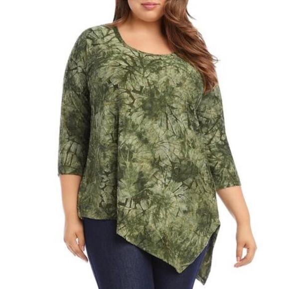 Karen Kane Asymmetrical Burnout Top Sz 3X Olive Green Boho Artsy Flowy Textured - Picture 1 of 9